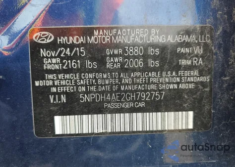 2016 Hyundai Elantra Se z USA, uszkodzony, nr VIN 5NPDH4AE2GH792757